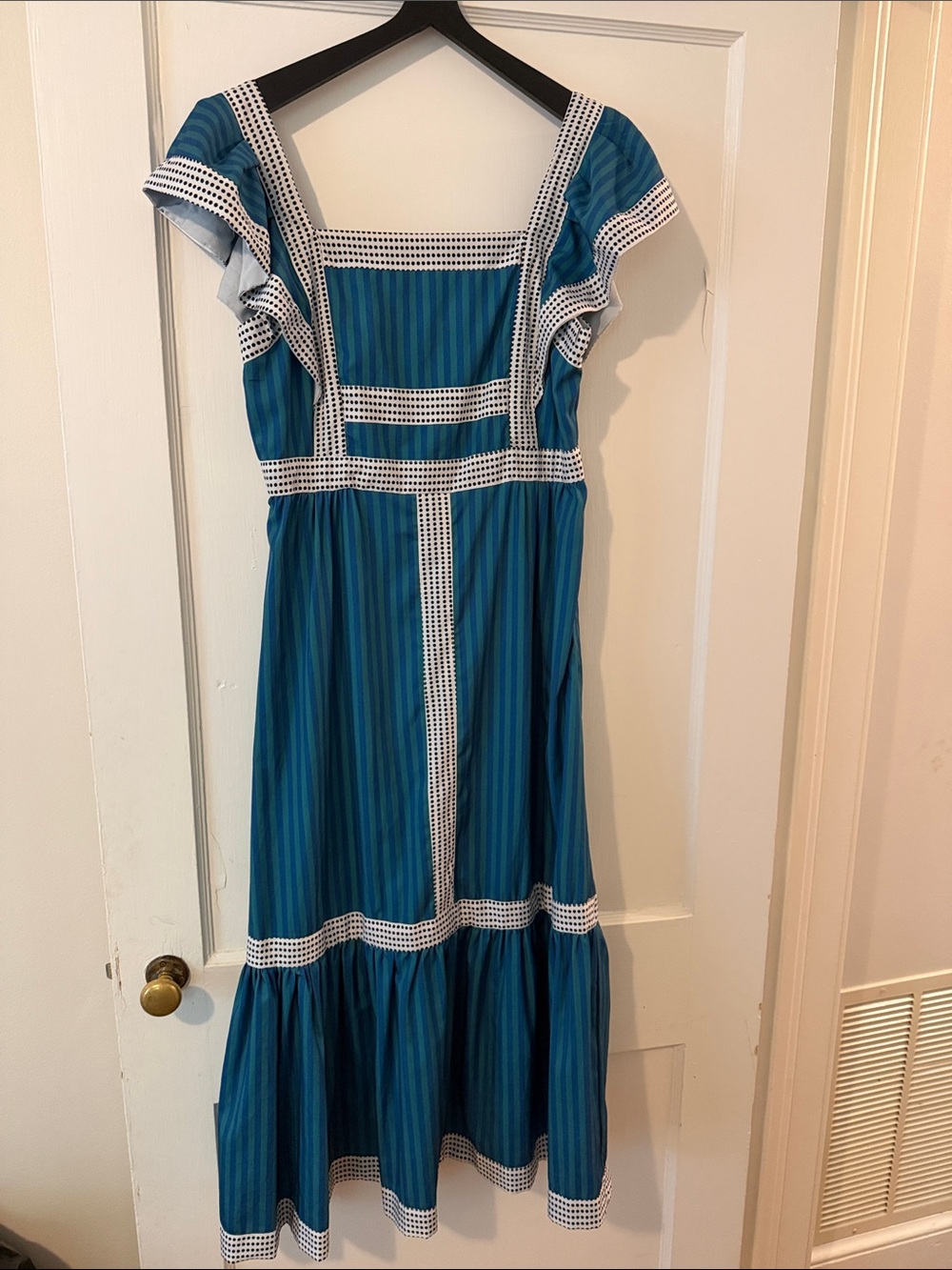 Blue Striped Midi Dress with Eyelet Trim